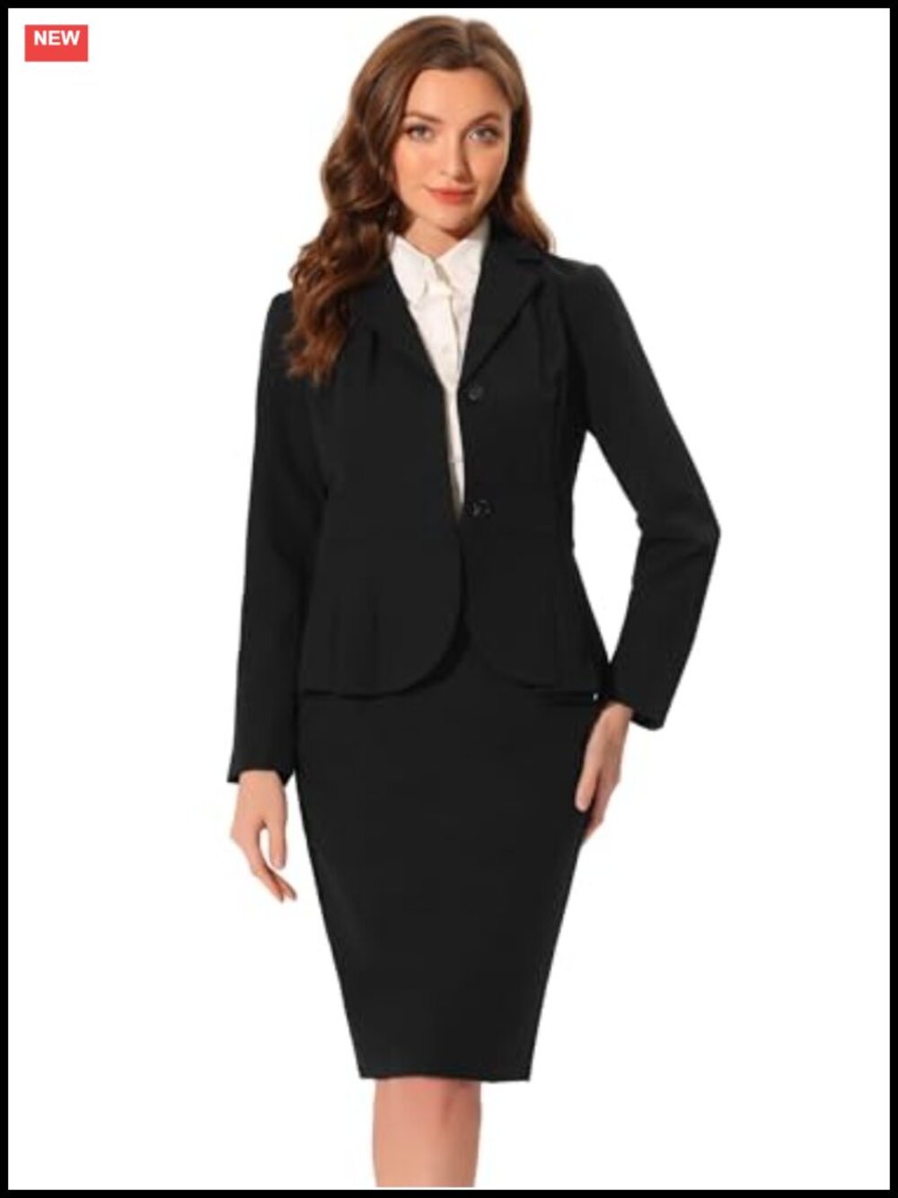 Women's 2 Piece Suit Skirt Set - Ruffle Hem Blazer & High Waist Pencil Skirt,